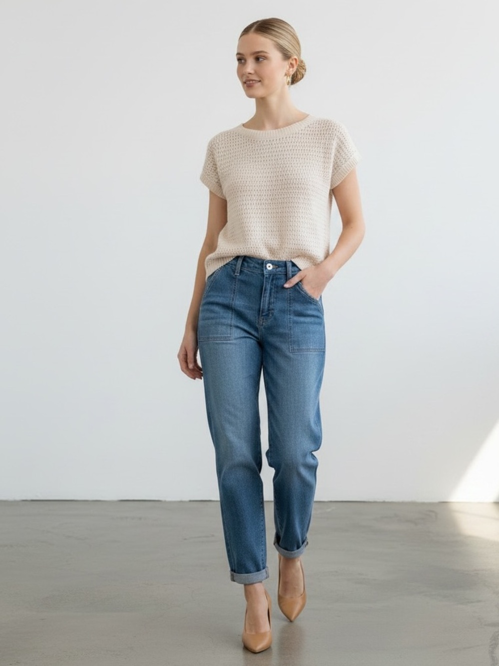 Crewneck Short Sleeve Knit Top in Cream - Picture 3 of 8